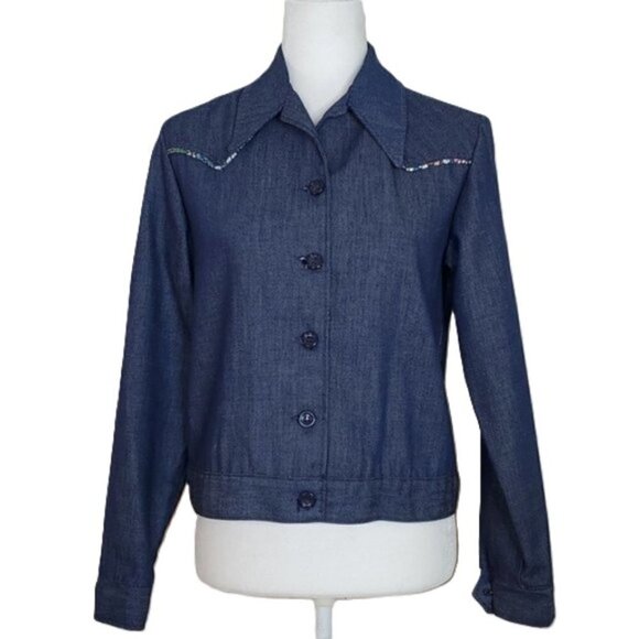 Retro Lady Wrangler Denim Shirt Jacket with Floral Piping - Picture 1 of 14